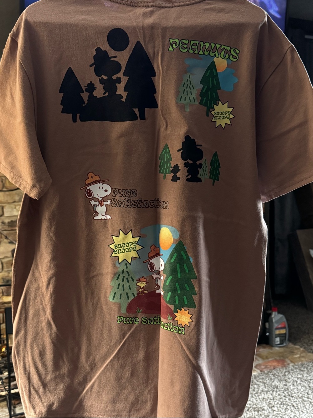Peanuts Brown Short Sleeve Tee with Multi-Color Snoopy Graphics